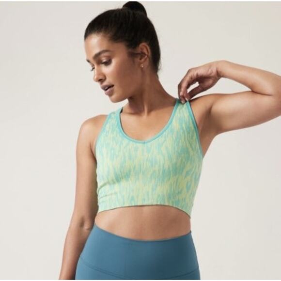 Athleta Aurora Seamless Rib Crop Tank Women's Top Green Yellow Small Compression - Picture 1 of 4